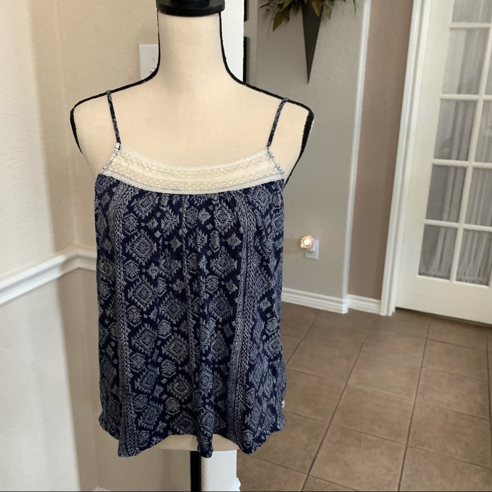 Lucky Brand navy print cream lace tank top Size L